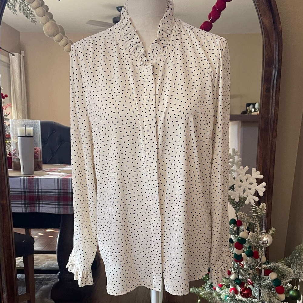 Talbots Petite Ruffle Neck Polka Dot Long Sleeve Blouse